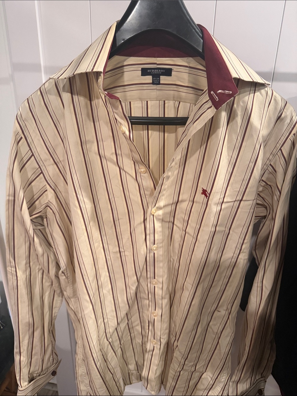 Burberry Cream and Burgundy Striped Dress Shirt